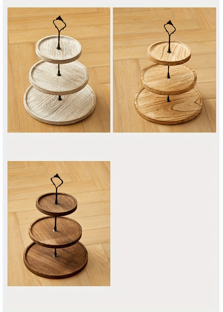 Rustic Wood 3-Tier Cake Stand, Round Wooden Serving Tray with Handle, Multipurpose Dessert Display, Elegant Tiered Cupcake Holder for Parties and Display