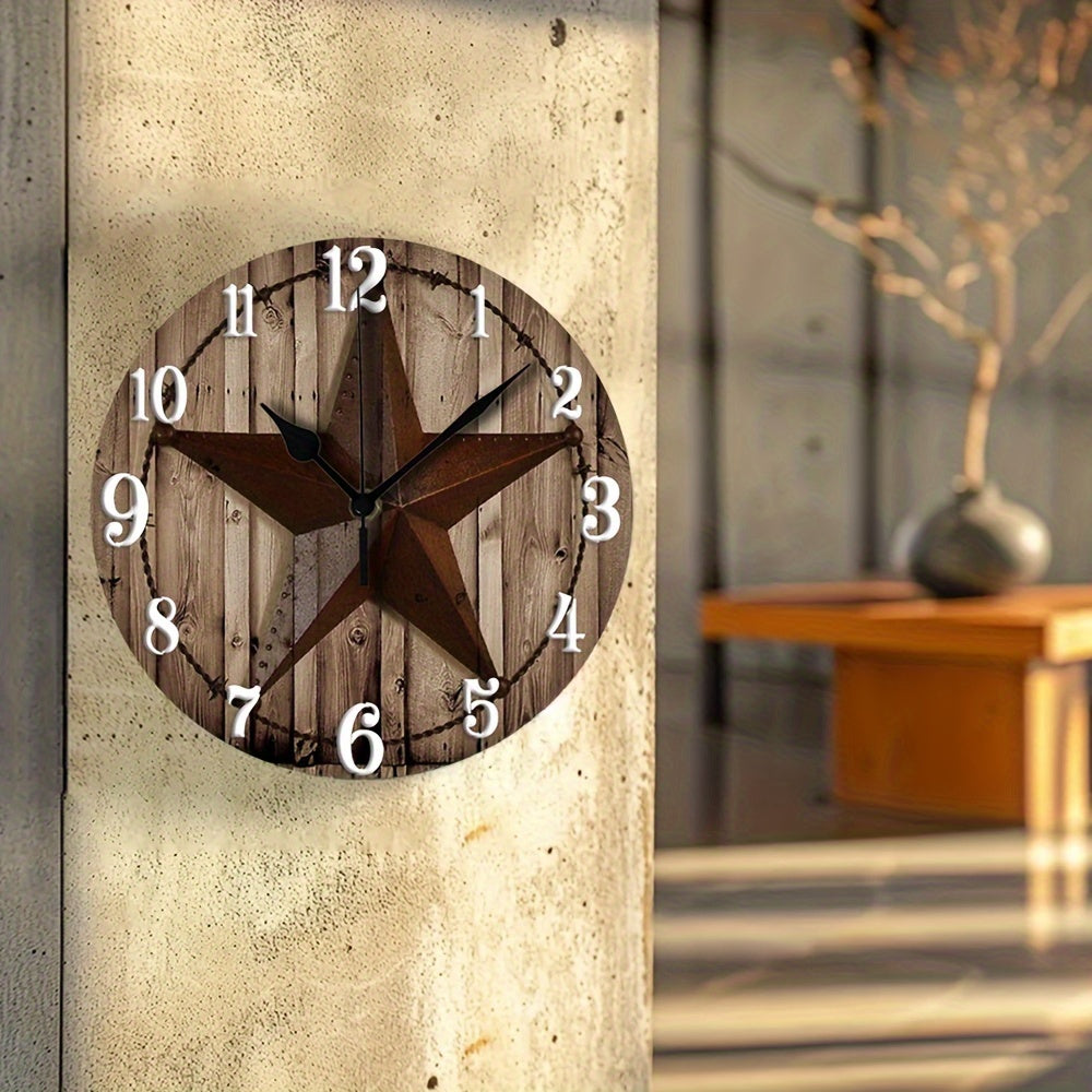1pc 12in Rustic Western Barn Wood Star Wall Clock - Battery Operated Wooden Clock for Living Room, Bedroom, Dorm Decor - Wood Material, Under 36V - Thanksgiving Decorative Clock_REDSLZ207