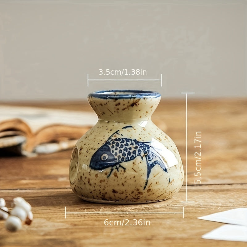 Vintage Ceramic Toothpick Holder – Decorative Kitchen Storage Jar with Floral and Fish Design, Rustic Cream Base for Home or Restaurant Use, Kitchen Accessory | Traditional Aesthetic | Glossy Ceramic Finish