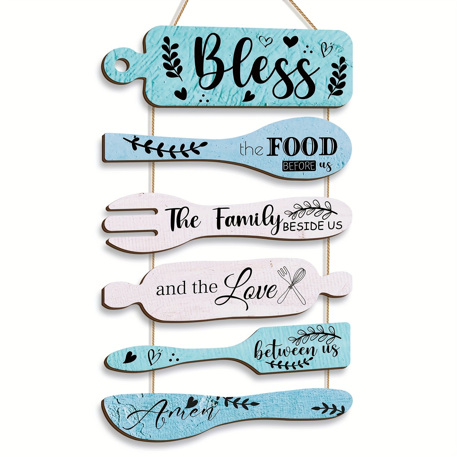 6 Pieces Wood Board Set Bless The Food Before Us Farmhouse Kitchen Wall Decor - Simple Rustic Style Rope Plaque Sign Dining Room Decor Hanging Wall Art
