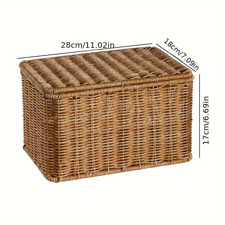 Rustic Woven Storage Basket with Lid - Versatile Imitation Rattan Organizer for Toys, Snacks & More -  For Home Decor - Suitable for Bathroom, Bedroom, Kitchen, Dorm - Perfect Gift for Housewarming & Organization Enthusiasts