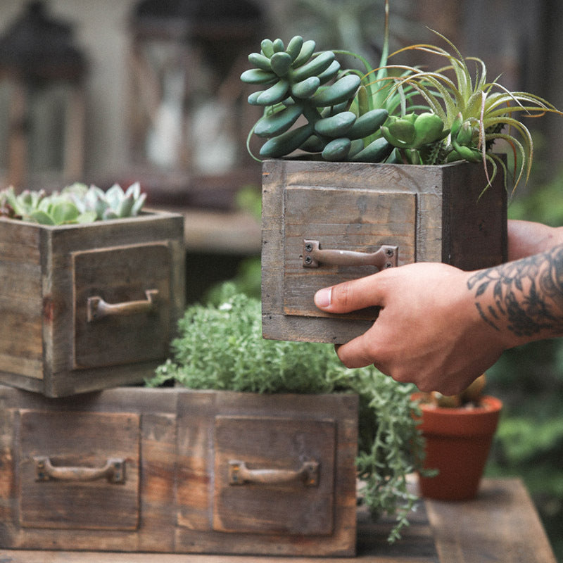 Vintage Rectangular Wooden Planter Boxes with Drawer Handles - Rustic Succulent Plant Containers, Garden Planter Pots - Versatile Indoor & Outdoor Decorative Box Set for Plants