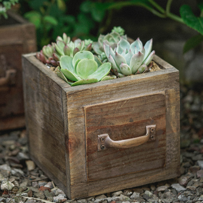 Vintage Rectangular Wooden Planter Boxes with Drawer Handles - Rustic Succulent Plant Containers, Garden Planter Pots - Versatile Indoor & Outdoor Decorative Box Set for Plants