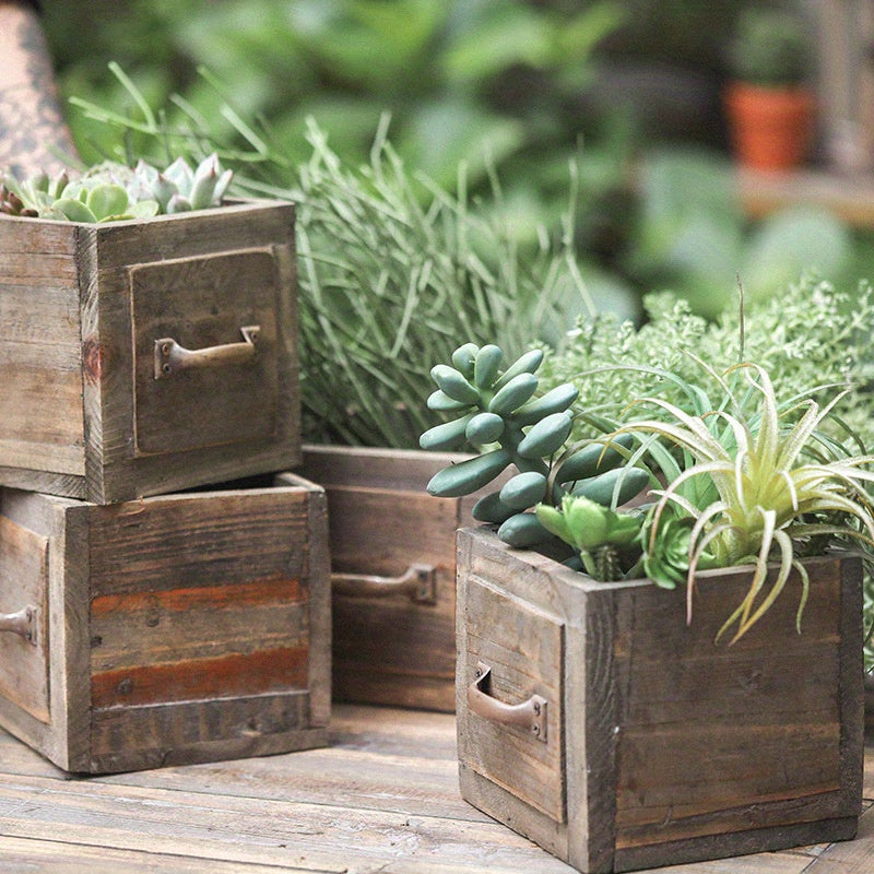 Vintage Rectangular Wooden Planter Boxes with Drawer Handles - Rustic Succulent Plant Containers, Garden Planter Pots - Versatile Indoor & Outdoor Decorative Box Set for Plants