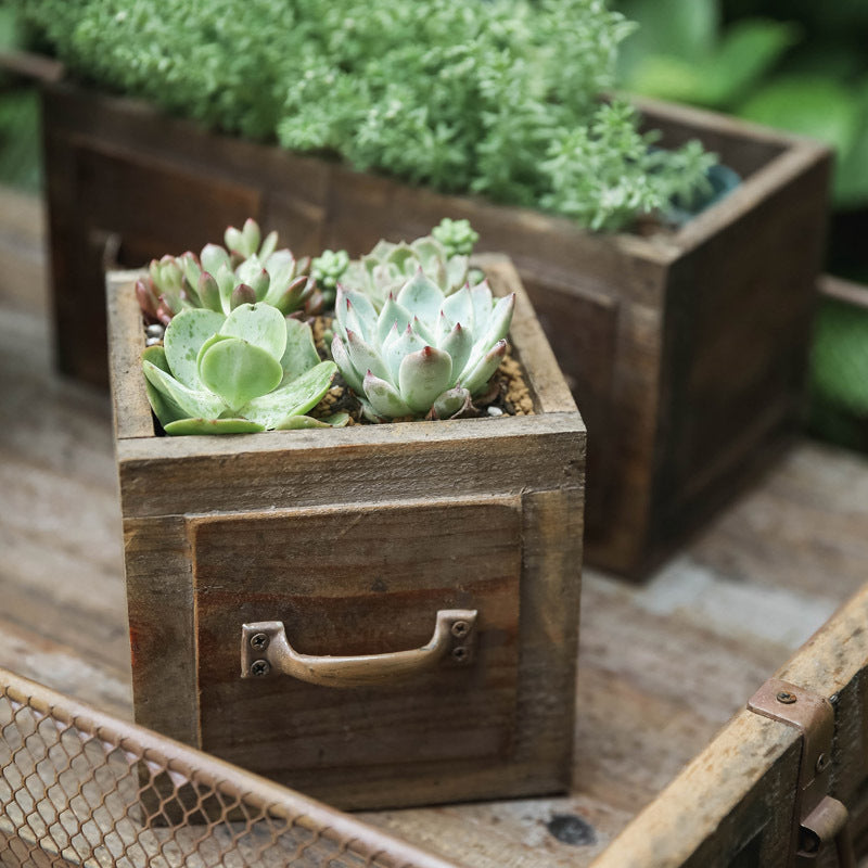 Vintage Rectangular Wooden Planter Boxes with Drawer Handles - Rustic Succulent Plant Containers, Garden Planter Pots - Versatile Indoor & Outdoor Decorative Box Set for Plants