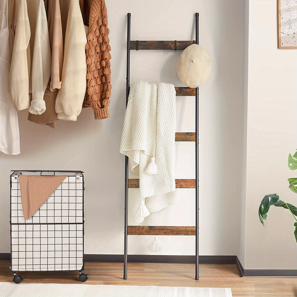 Blanket Ladder, 5 Tier Blanket Holder with 10 Removable Hooks, Farmhouse Style Blanket Ladder for Living Room Bathroom, Decorative Wall Mounted Wooden Quilt Standing Towel Drying Storage Rack, Rustic Brown, Utility Racks