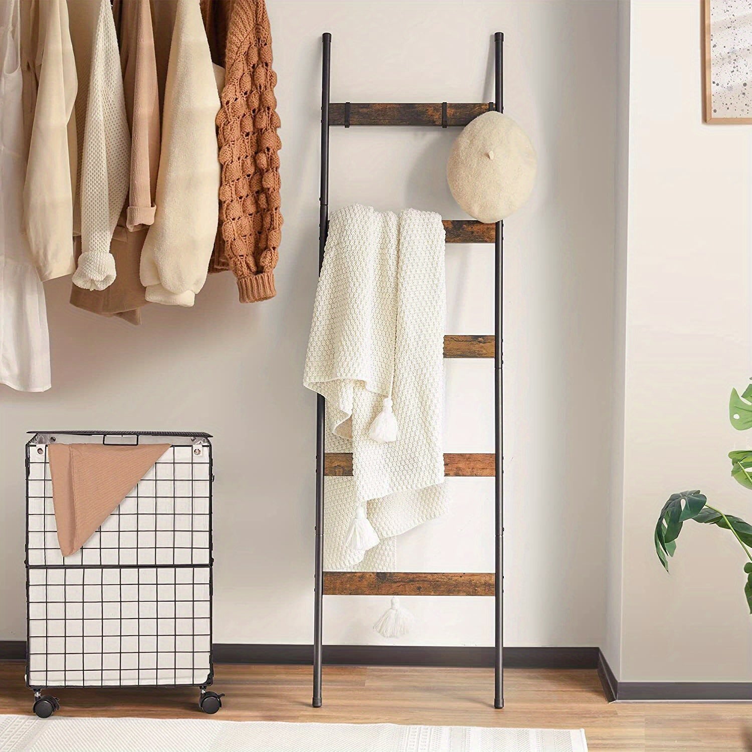 Blanket Ladder, 5 Tier Blanket Holder with 10 Removable Hooks, Farmhouse Style Blanket Ladder for Living Room Bathroom, Decorative Wall Mounted Wooden Quilt Standing Towel Drying Storage Rack, Rustic Brown, Utility Racks
