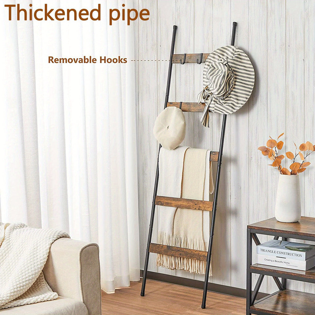 Blanket Ladder, 5 Tier Blanket Holder with 10 Removable Hooks, Farmhouse Style Blanket Ladder for Living Room Bathroom, Decorative Wall Mounted Wooden Quilt Standing Towel Drying Storage Rack, Rustic Brown, Utility Racks