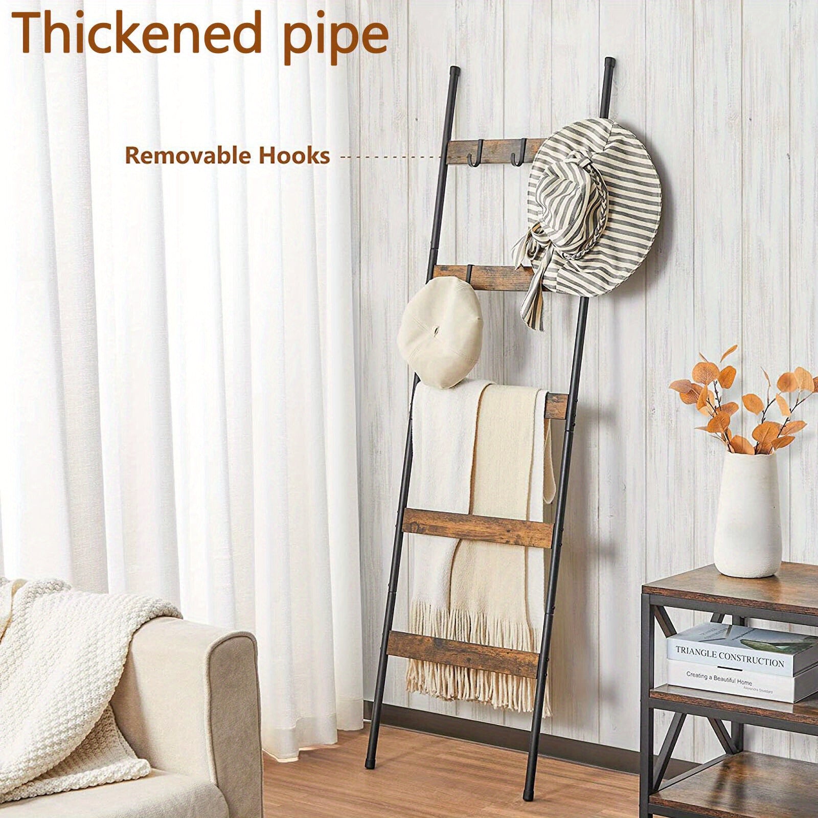 Blanket Ladder, 5 Tier Blanket Holder with 10 Removable Hooks, Farmhouse Style Blanket Ladder for Living Room Bathroom, Decorative Wall Mounted Wooden Quilt Standing Towel Drying Storage Rack, Rustic Brown, Utility Racks