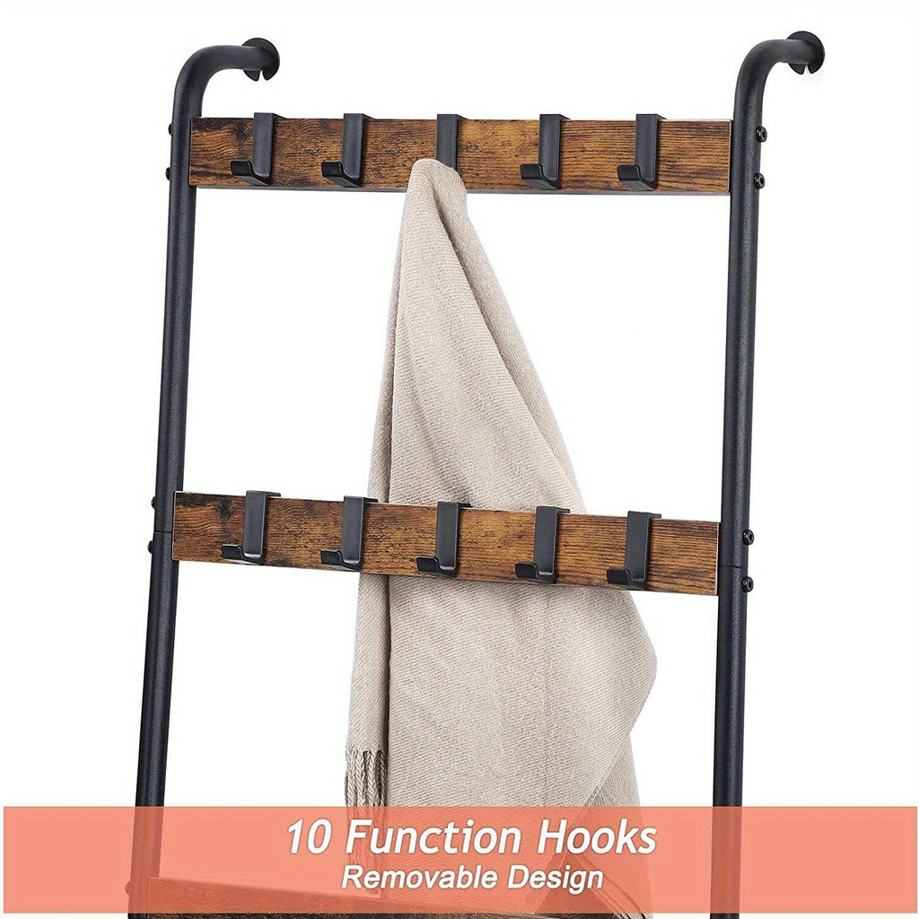 Blanket Ladder, 5 Tier Blanket Holder with 10 Removable Hooks, Farmhouse Style Blanket Ladder for Living Room Bathroom, Decorative Wall Mounted Wooden Quilt Standing Towel Drying Storage Rack, Rustic Brown, Utility Racks