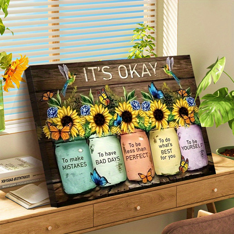 1pc Rustic Wooden Framed Vintage Floral Inspirational Canvas Painting - Sunflower Butterfly Wall Art Prints with Distressed Finish for Home Decoration, Living Room & Bedroom, Festival Gift for Her Him