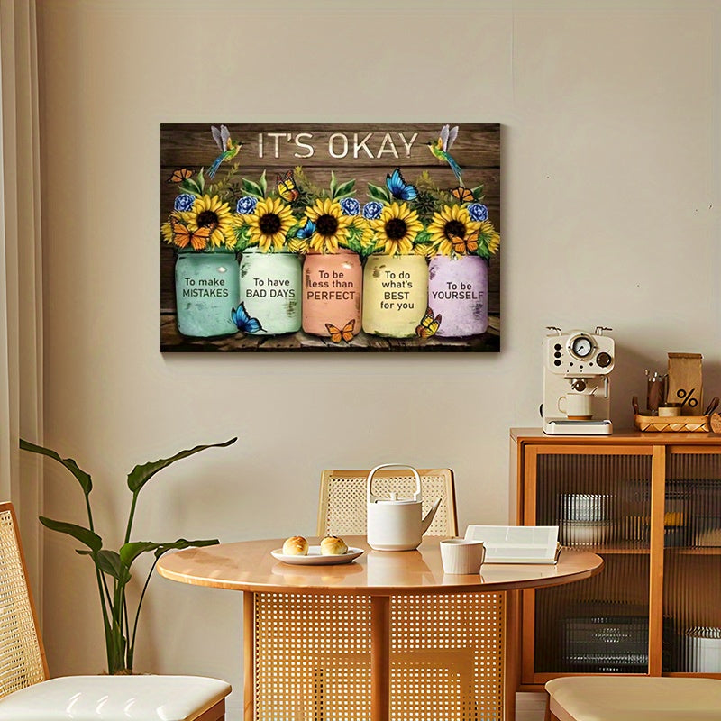 1pc Rustic Wooden Framed Vintage Floral Inspirational Canvas Painting - Sunflower Butterfly Wall Art Prints with Distressed Finish for Home Decoration, Living Room & Bedroom, Festival Gift for Her Him
