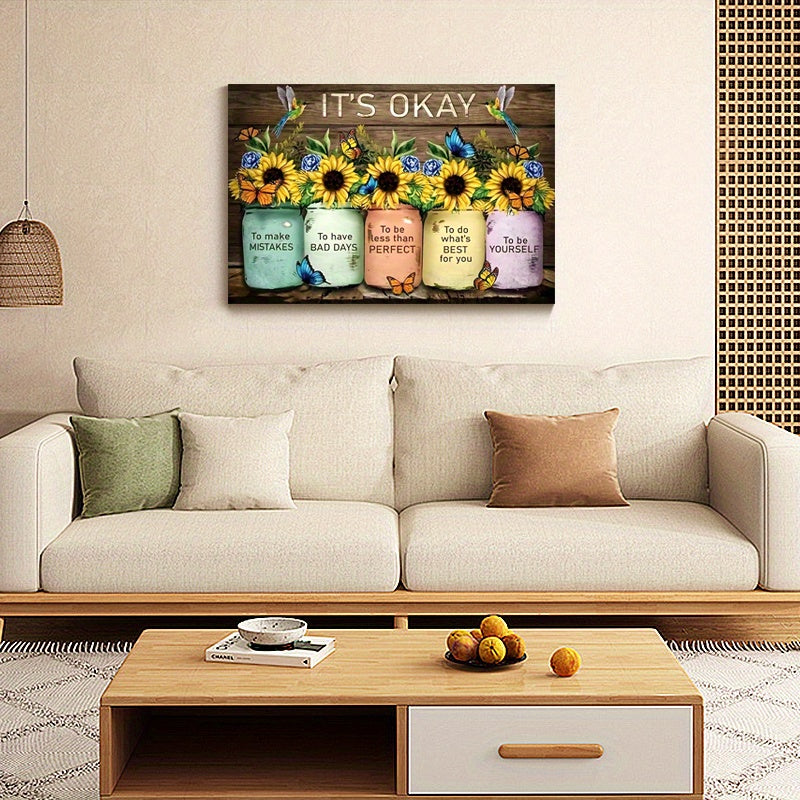 1pc Rustic Wooden Framed Vintage Floral Inspirational Canvas Painting - Sunflower Butterfly Wall Art Prints with Distressed Finish for Home Decoration, Living Room & Bedroom, Festival Gift for Her Him