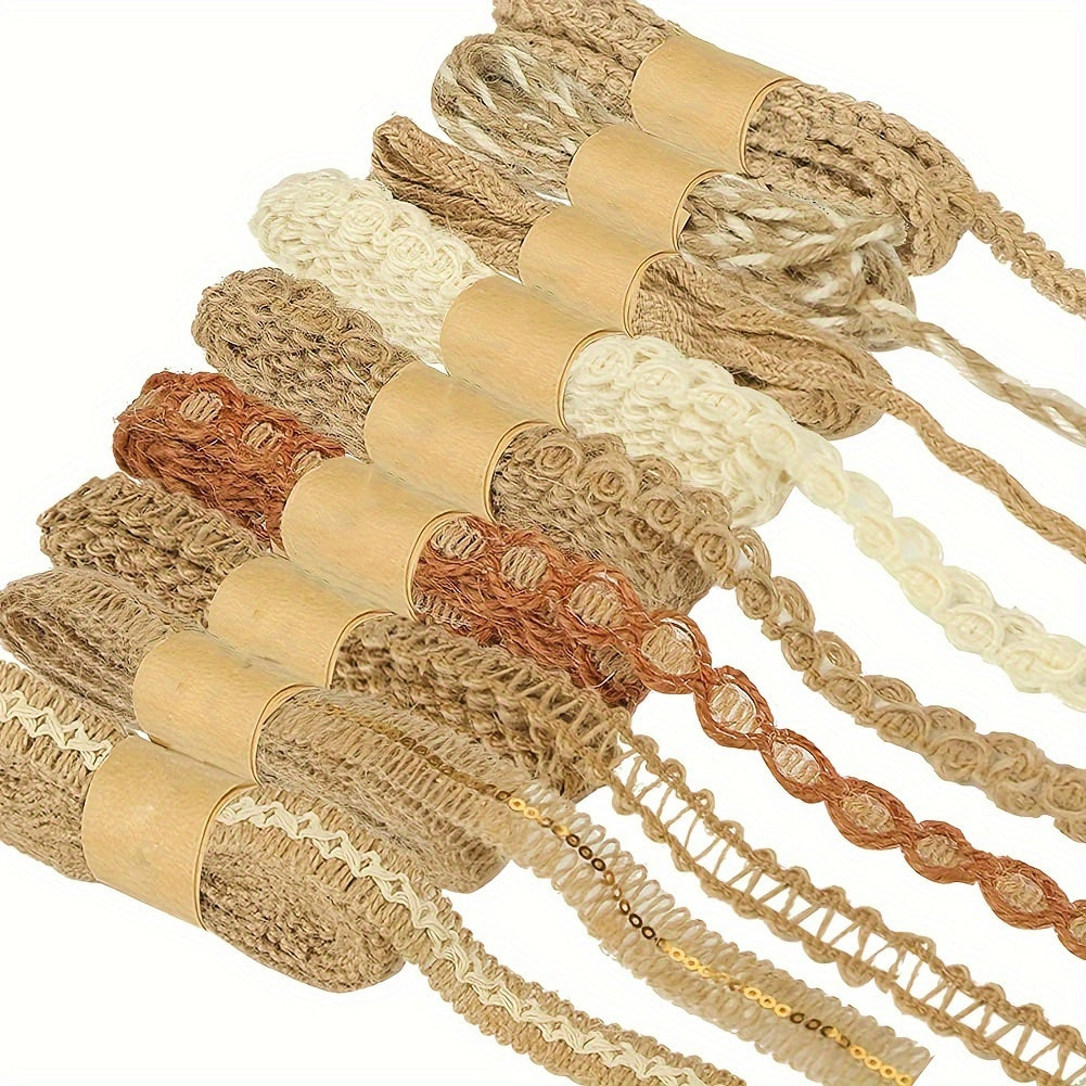708.66 inches 9-Pack Jute Ribbon Lace Craft Ribbons, Mixed Colors, for DIY Crafts, Gift Wrapping, Party, Holiday, Rustic Wedding Decor, Sewing, Knitting, Embellishment