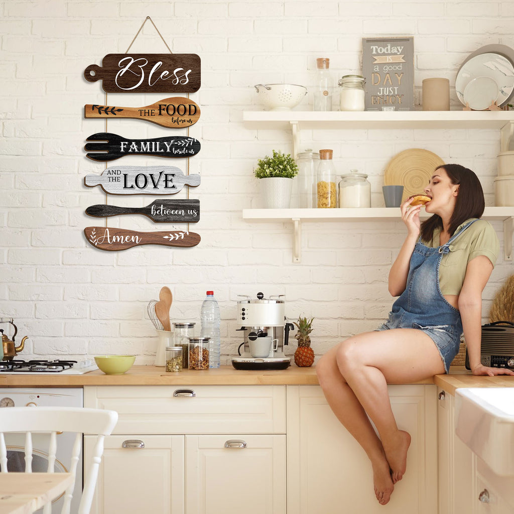6 Pieces Wood Board Set Bless The Food Before Us Farmhouse Kitchen Wall Decor - Simple Rustic Style Rope Plaque Sign Dining Room Decor Hanging Wall Art