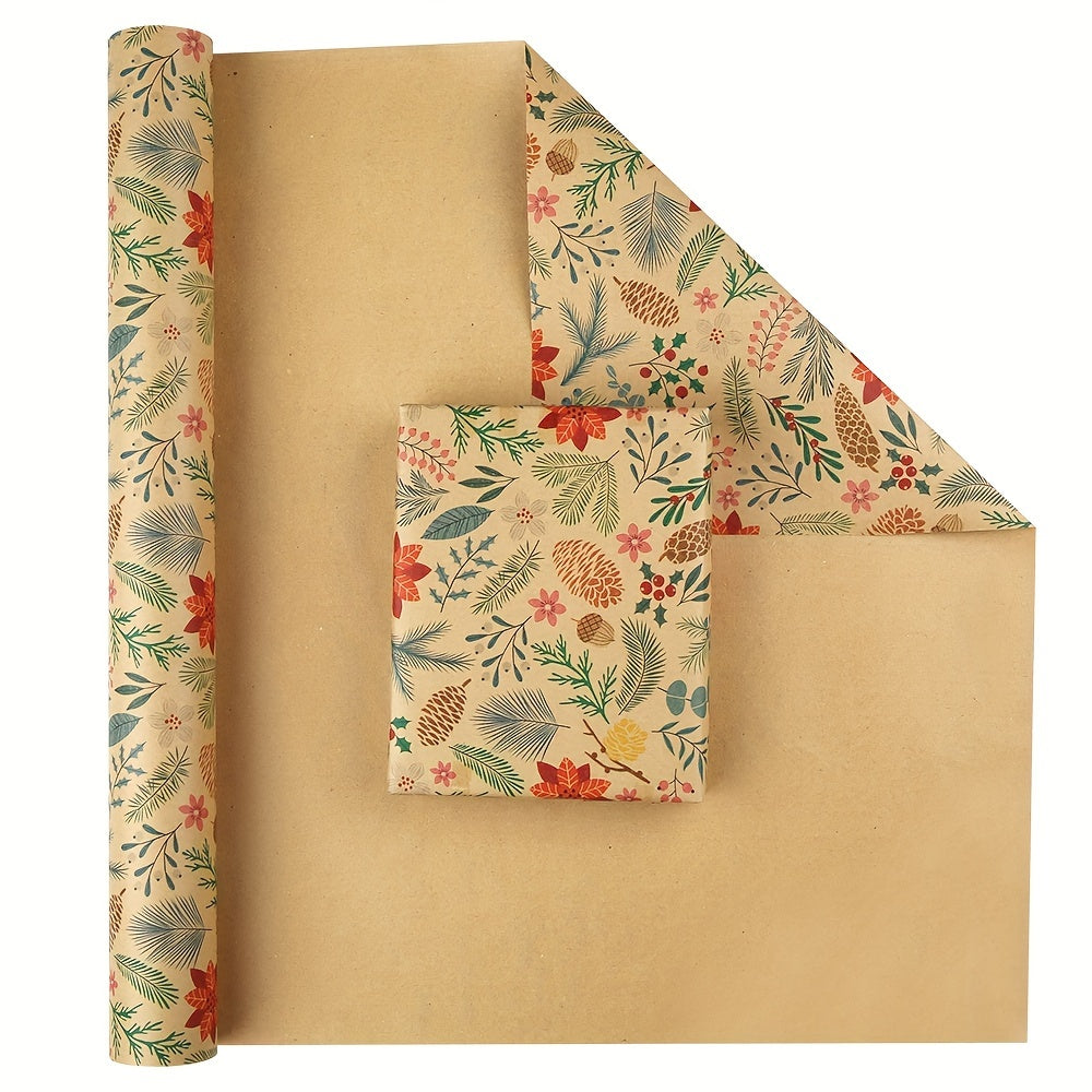 1 Roll Rustic Christmas Gift Wrapping Paper, Floral & Leaf Design, Kraft Brown, No-Component, Tree & Reindeer Theme, Art & Craft Supplies, Sewing Paper