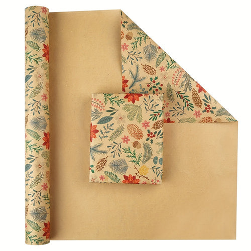 1 Roll Rustic Christmas Gift Wrapping Paper, Floral & Leaf Design, Kraft Brown, No-Component, Tree & Reindeer Theme, Art & Craft Supplies, Sewing Paper