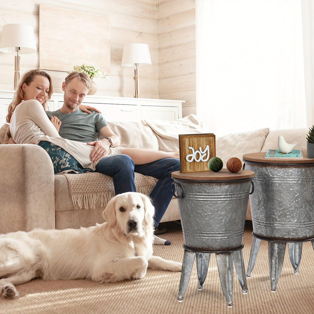 Set of 2 Rustic Farmhouse End Tables, Galvanized Metal Nesting Accent Side Tables with Round Wood Lids
