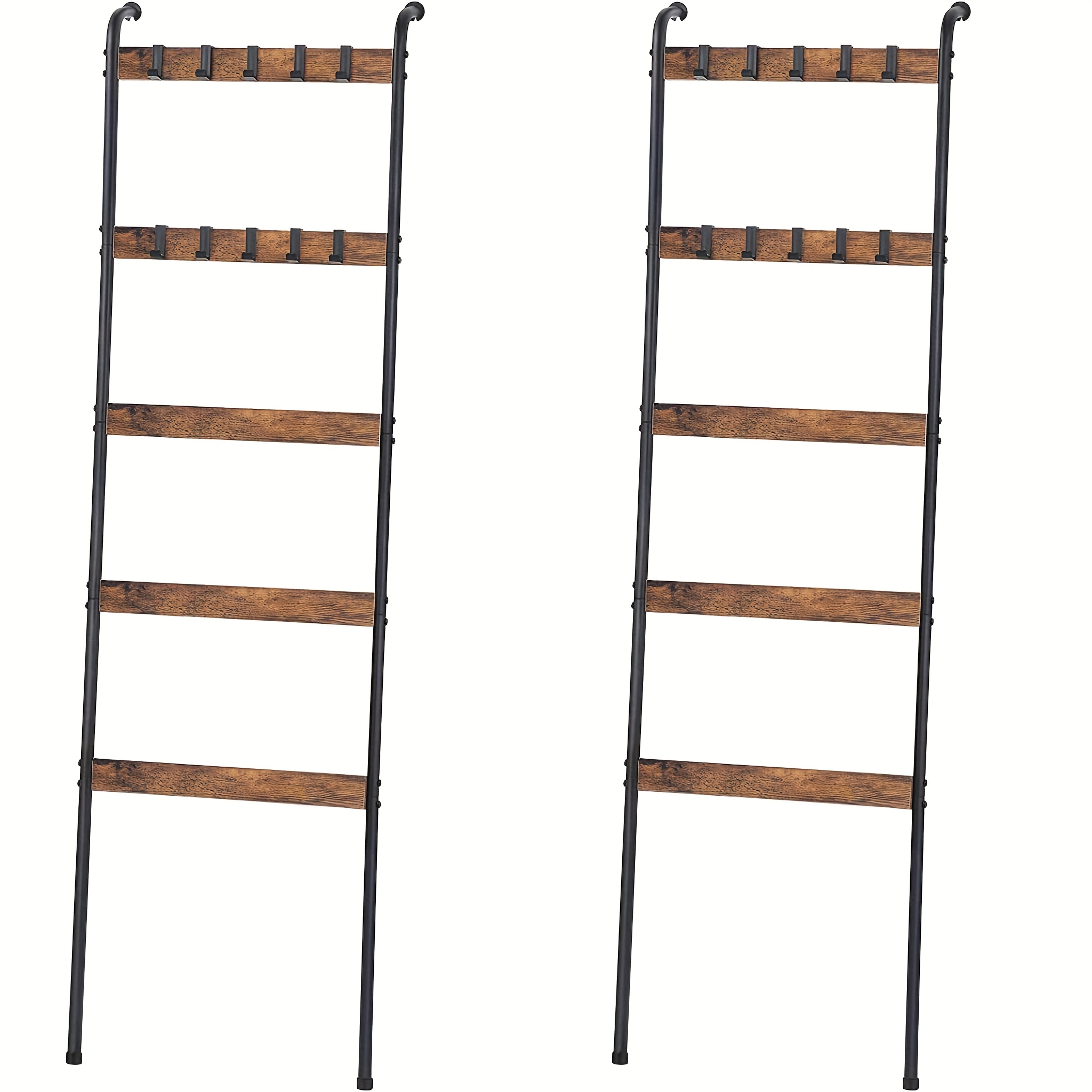 Blanket Ladder, 5 Tier Blanket Holder with 10 Removable Hooks, Farmhouse Style Blanket Ladder for Living Room Bathroom, Decorative Wall Mounted Wooden Quilt Standing Towel Drying Storage Rack, Rustic Brown, Utility Racks