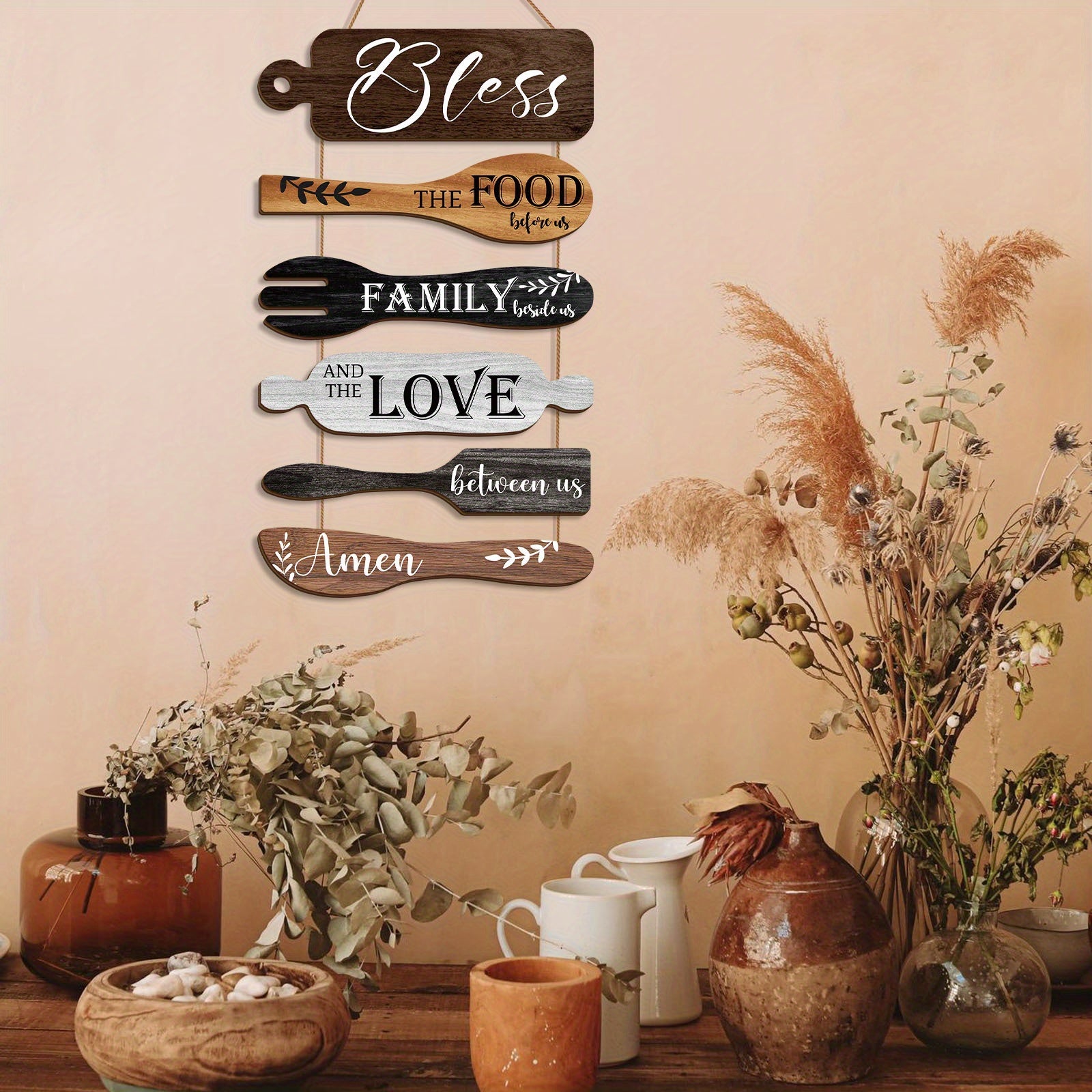 6 Pieces Wood Board Set Bless The Food Before Us Farmhouse Kitchen Wall Decor - Simple Rustic Style Rope Plaque Sign Dining Room Decor Hanging Wall Art