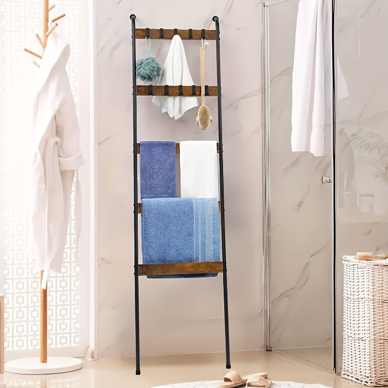 Blanket Ladder, 5 Tier Blanket Holder with 10 Removable Hooks, Farmhouse Style Blanket Ladder for Living Room Bathroom, Decorative Wall Mounted Wooden Quilt Standing Towel Drying Storage Rack, Rustic Brown, Utility Racks