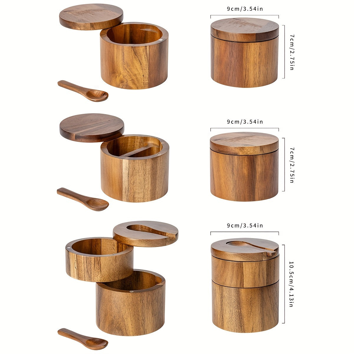 1PC Wooden Rustic Salt and Pepper Set with Spoon for Kitchen Storage of Spices and Condiments