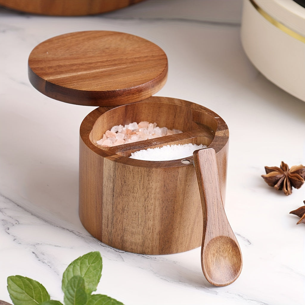 1PC Wooden Rustic Salt and Pepper Set with Spoon for Kitchen Storage of Spices and Condiments