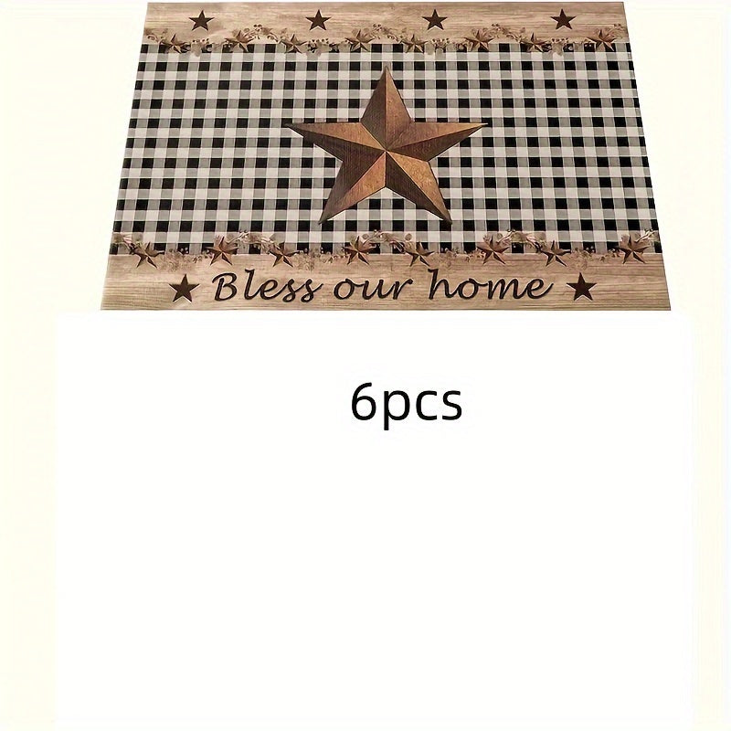 4-Pack/6-Pack Farmhouse Star Placemats, Classic Black and Brown Gingham, Vintage Rustic Linen Table Mats for Holiday Party Decor, Restaurant Kitchen, Wedding, Home Decor, Rectangular, Hand Wash Only, 100% Linen Woven