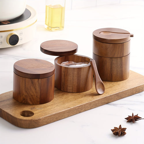 1PC Wooden Rustic Salt and Pepper Set with Spoon for Kitchen Storage of Spices and Condiments