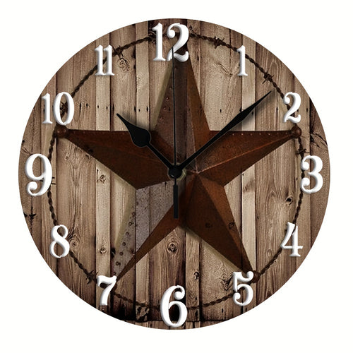 1pc 12in Rustic Western Barn Wood Star Wall Clock - Battery Operated Wooden Clock for Living Room, Bedroom, Dorm Decor - Wood Material, Under 36V - Thanksgiving Decorative Clock_REDSLZ207