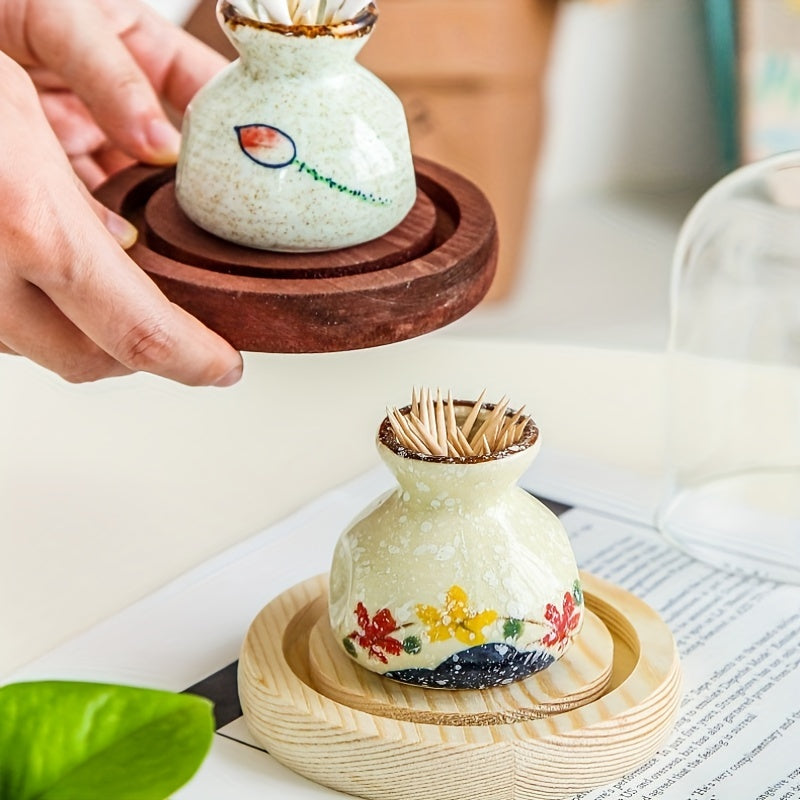 Vintage Ceramic Toothpick Holder – Decorative Kitchen Storage Jar with Floral and Fish Design, Rustic Cream Base for Home or Restaurant Use, Kitchen Accessory | Traditional Aesthetic | Glossy Ceramic Finish