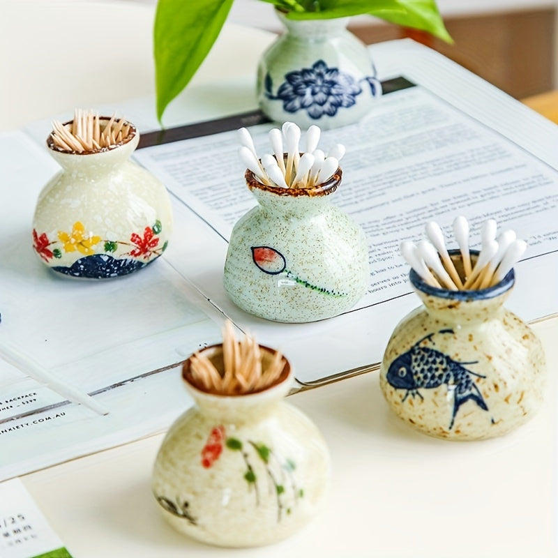 Vintage Ceramic Toothpick Holder – Decorative Kitchen Storage Jar with Floral and Fish Design, Rustic Cream Base for Home or Restaurant Use, Kitchen Accessory | Traditional Aesthetic | Glossy Ceramic Finish
