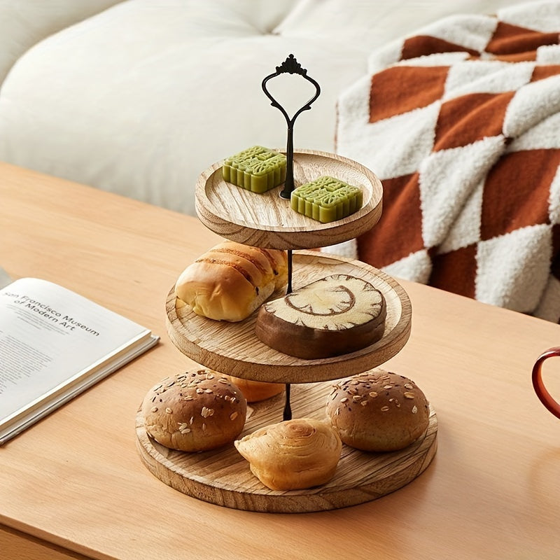 Rustic Wood 3-Tier Cake Stand, Round Wooden Serving Tray with Handle, Multipurpose Dessert Display, Elegant Tiered Cupcake Holder for Parties and Display