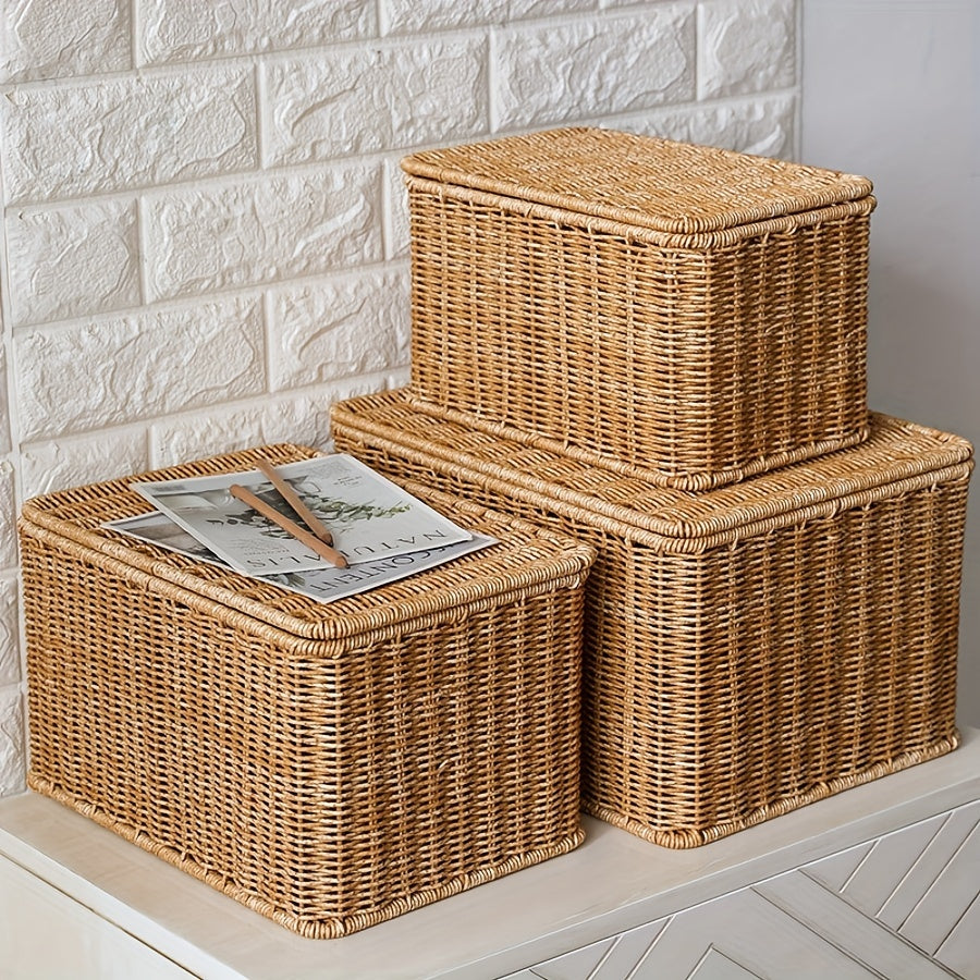Rustic Woven Storage Basket with Lid - Versatile Imitation Rattan Organizer for Toys, Snacks & More -  For Home Decor - Suitable for Bathroom, Bedroom, Kitchen, Dorm - Perfect Gift for Housewarming & Organization Enthusiasts