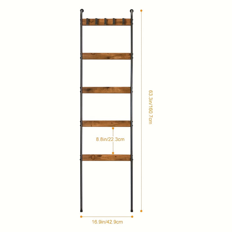 Blanket Ladder, 5 Tier Blanket Holder with 10 Removable Hooks, Farmhouse Style Blanket Ladder for Living Room Bathroom, Decorative Wall Mounted Wooden Quilt Standing Towel Drying Storage Rack, Rustic Brown, Utility Racks