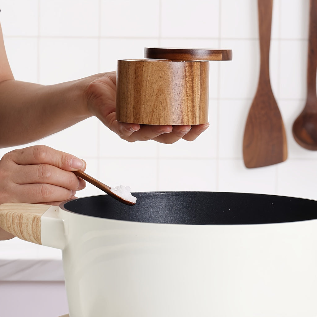 1PC Wooden Rustic Salt and Pepper Set with Spoon for Kitchen Storage of Spices and Condiments