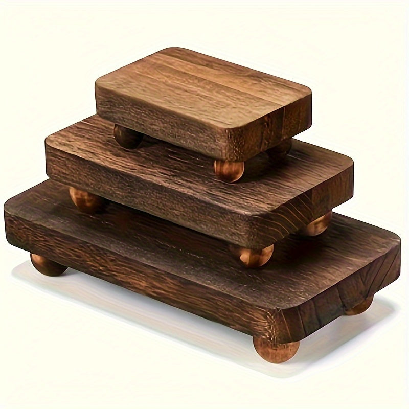 3pcs Brown Wooden Risers Set, Stackable Rustic Farmhouse Kitchen Display Pedestal Stand, 3 Sizes (8x4.3, 6x3.5, 4x2.8 Inches), No Power Required, Home & Kitchen Decor