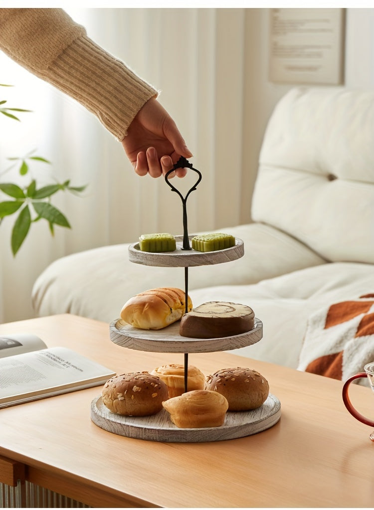 Rustic Wood 3-Tier Cake Stand, Round Wooden Serving Tray with Handle, Multipurpose Dessert Display, Elegant Tiered Cupcake Holder for Parties and Display