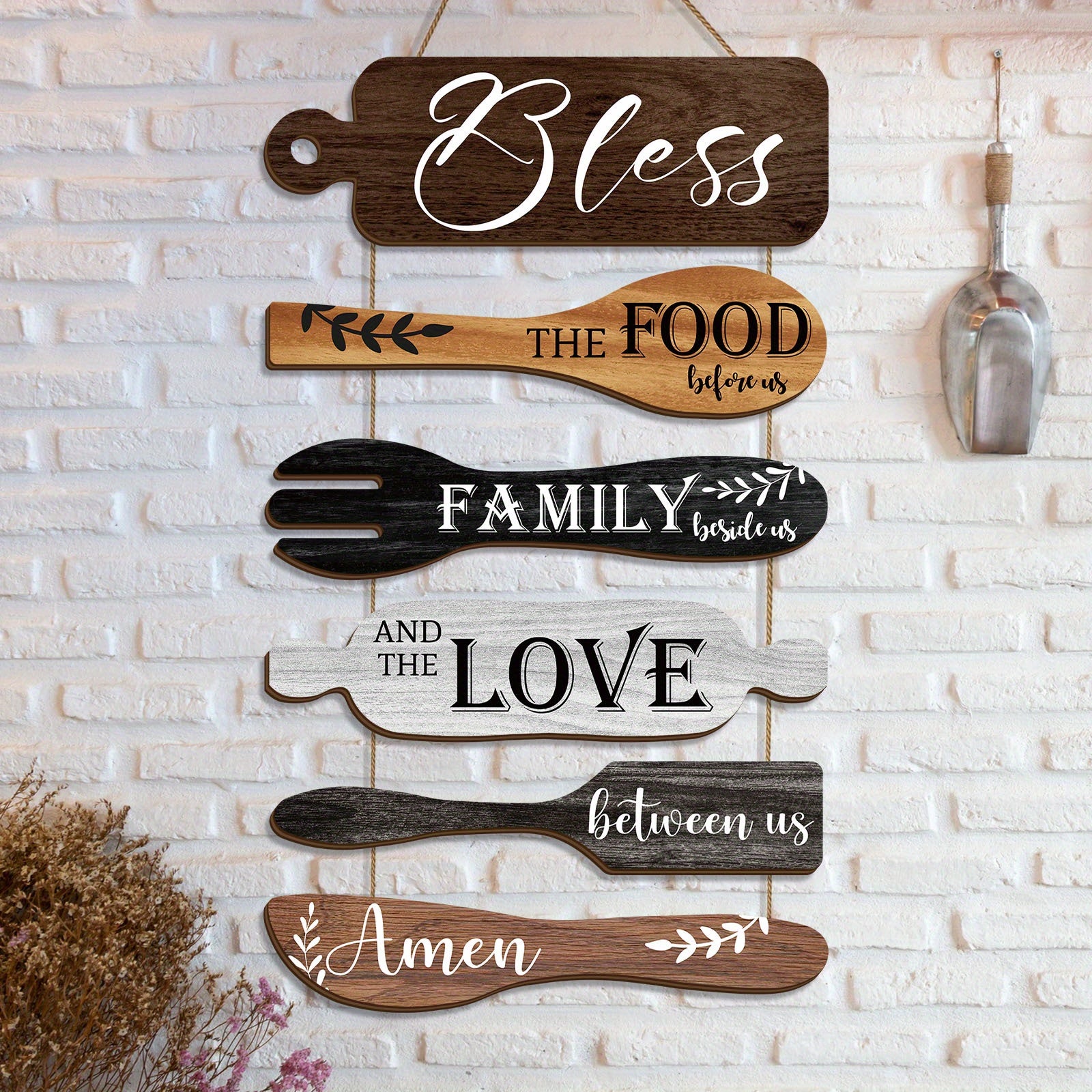 6 Pieces Wood Board Set Bless The Food Before Us Farmhouse Kitchen Wall Decor - Simple Rustic Style Rope Plaque Sign Dining Room Decor Hanging Wall Art