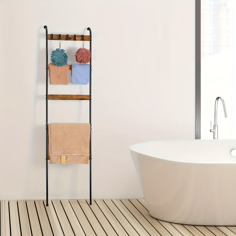 Blanket Ladder, 5 Tier Blanket Holder with 10 Removable Hooks, Farmhouse Style Blanket Ladder for Living Room Bathroom, Decorative Wall Mounted Wooden Quilt Standing Towel Drying Storage Rack, Rustic Brown, Utility Racks