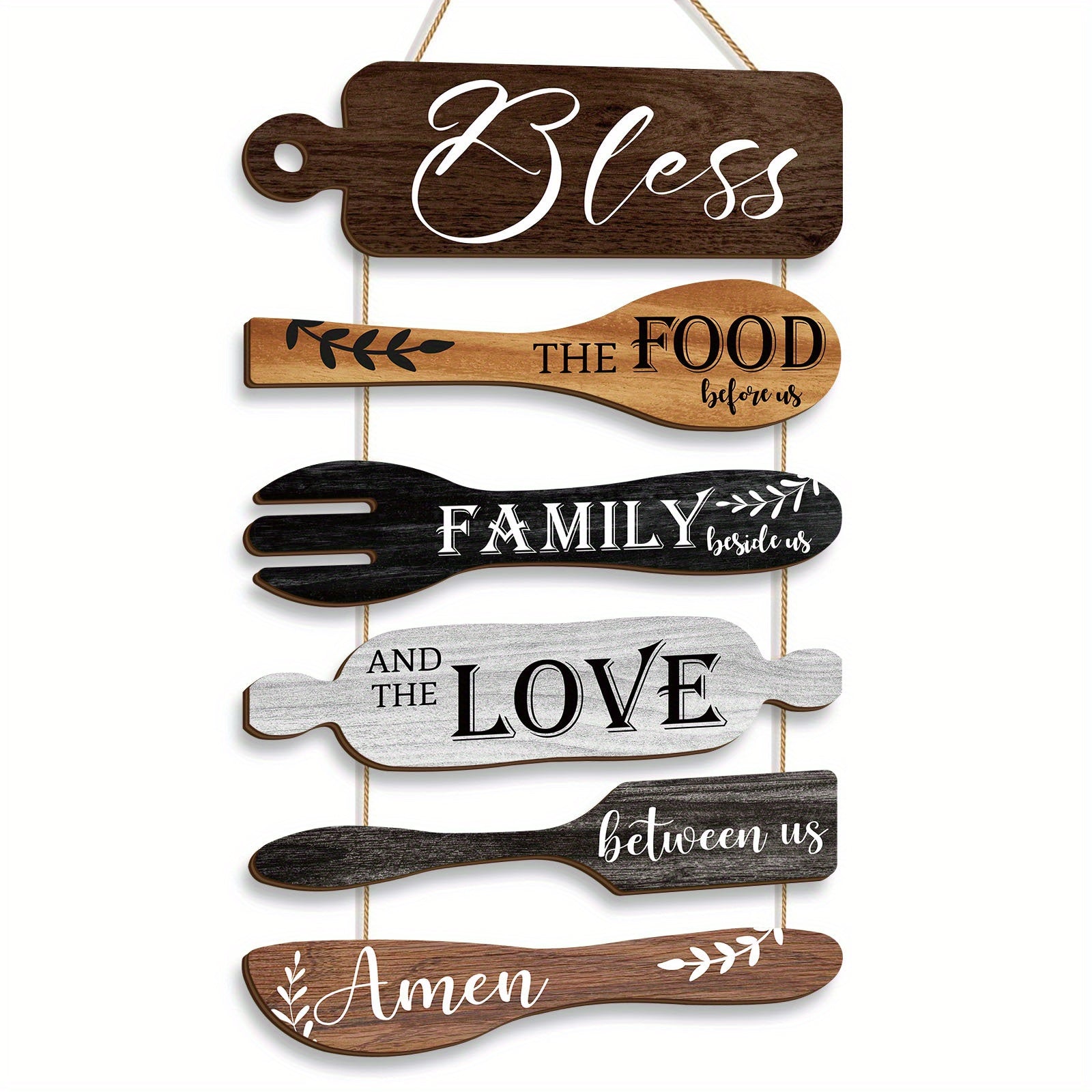 6 Pieces Wood Board Set Bless The Food Before Us Farmhouse Kitchen Wall Decor - Simple Rustic Style Rope Plaque Sign Dining Room Decor Hanging Wall Art