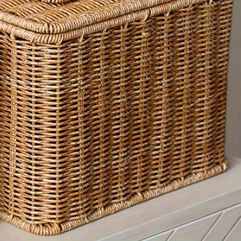 Rustic Woven Storage Basket with Lid - Versatile Imitation Rattan Organizer for Toys, Snacks & More -  For Home Decor - Suitable for Bathroom, Bedroom, Kitchen, Dorm - Perfect Gift for Housewarming & Organization Enthusiasts