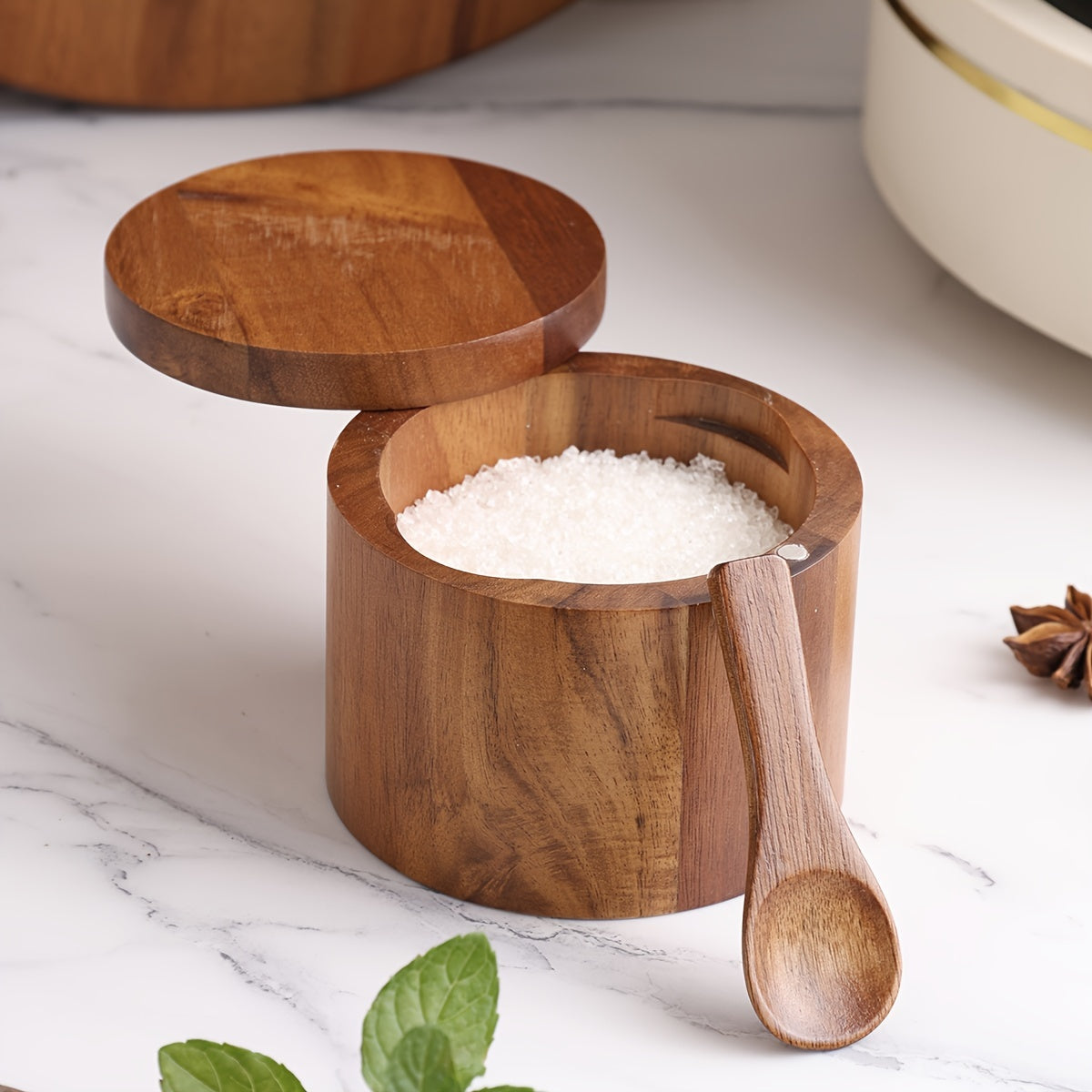 1PC Wooden Rustic Salt and Pepper Set with Spoon for Kitchen Storage of Spices and Condiments