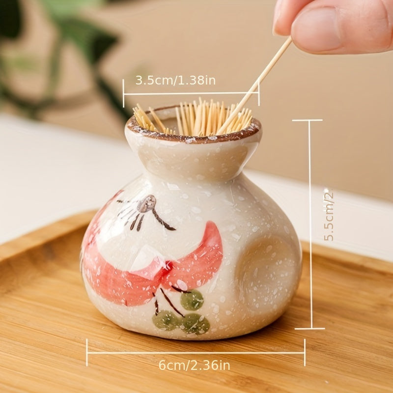Vintage Ceramic Toothpick Holder – Decorative Kitchen Storage Jar with Floral and Fish Design, Rustic Cream Base for Home or Restaurant Use, Kitchen Accessory | Traditional Aesthetic | Glossy Ceramic Finish