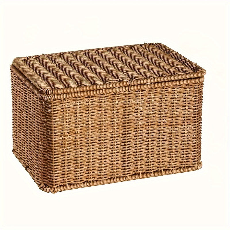 Rustic Woven Storage Basket with Lid - Versatile Imitation Rattan Organizer for Toys, Snacks & More -  For Home Decor - Suitable for Bathroom, Bedroom, Kitchen, Dorm - Perfect Gift for Housewarming & Organization Enthusiasts