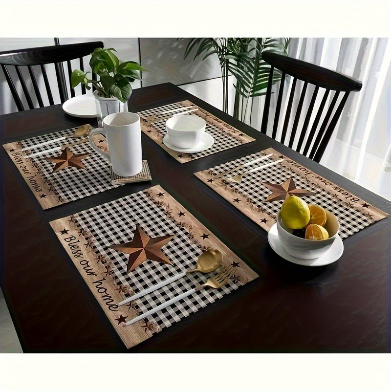 4-Pack/6-Pack Farmhouse Star Placemats, Classic Black and Brown Gingham, Vintage Rustic Linen Table Mats for Holiday Party Decor, Restaurant Kitchen, Wedding, Home Decor, Rectangular, Hand Wash Only, 100% Linen Woven
