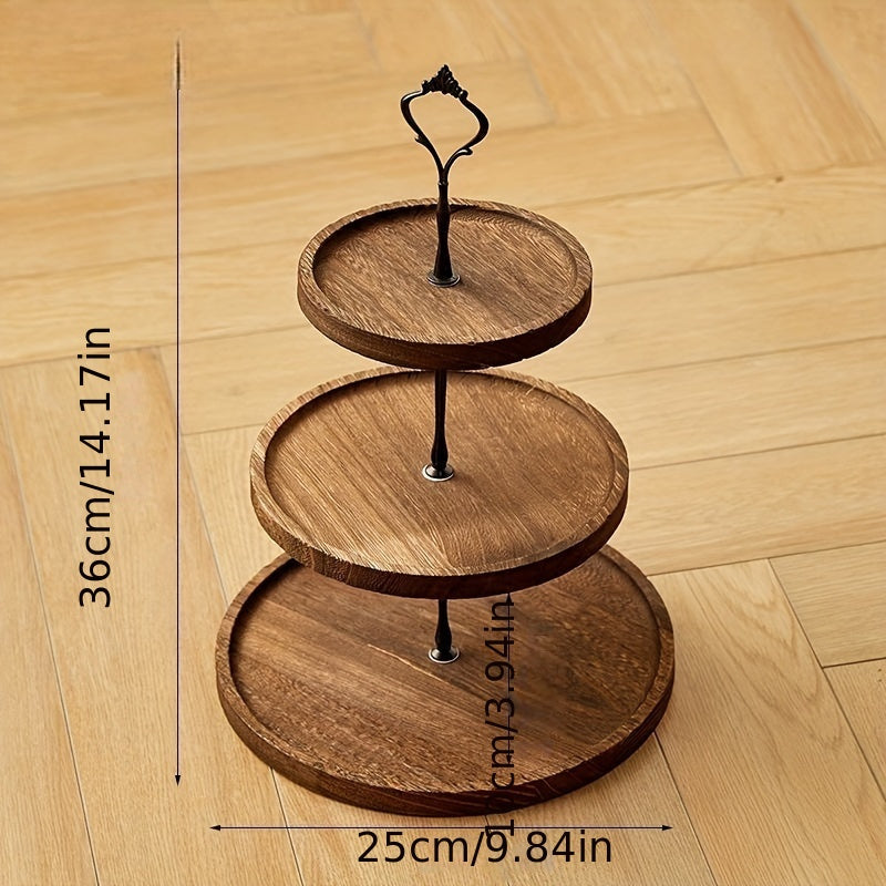 Rustic Wood 3-Tier Cake Stand, Round Wooden Serving Tray with Handle, Multipurpose Dessert Display, Elegant Tiered Cupcake Holder for Parties and Display