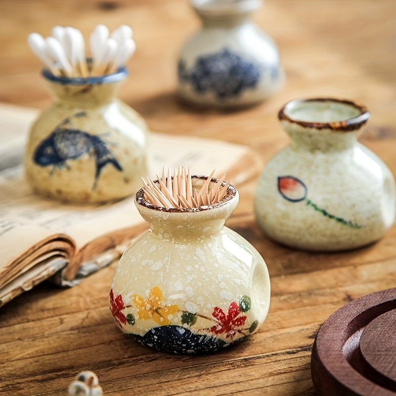 Vintage Ceramic Toothpick Holder – Decorative Kitchen Storage Jar with Floral and Fish Design, Rustic Cream Base for Home or Restaurant Use, Kitchen Accessory | Traditional Aesthetic | Glossy Ceramic Finish