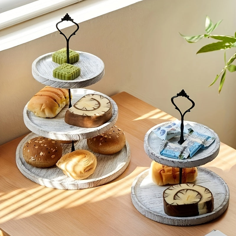 Rustic Wood 3-Tier Cake Stand, Round Wooden Serving Tray with Handle, Multipurpose Dessert Display, Elegant Tiered Cupcake Holder for Parties and Display