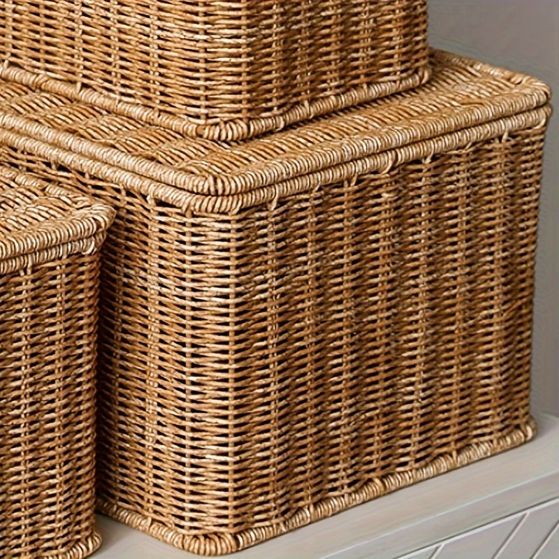 Rustic Woven Storage Basket with Lid - Versatile Imitation Rattan Organizer for Toys, Snacks & More -  For Home Decor - Suitable for Bathroom, Bedroom, Kitchen, Dorm - Perfect Gift for Housewarming & Organization Enthusiasts